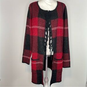 Adrienne Vittadini Red and Black Buffalo Plaid Open Front Cardigan. Size Large.